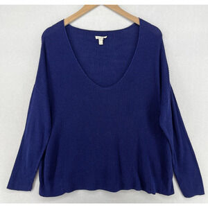 EILEEN FISHER Sweater M Organic Cotton Waffle Scoop Neck Dolman Pullover Blue